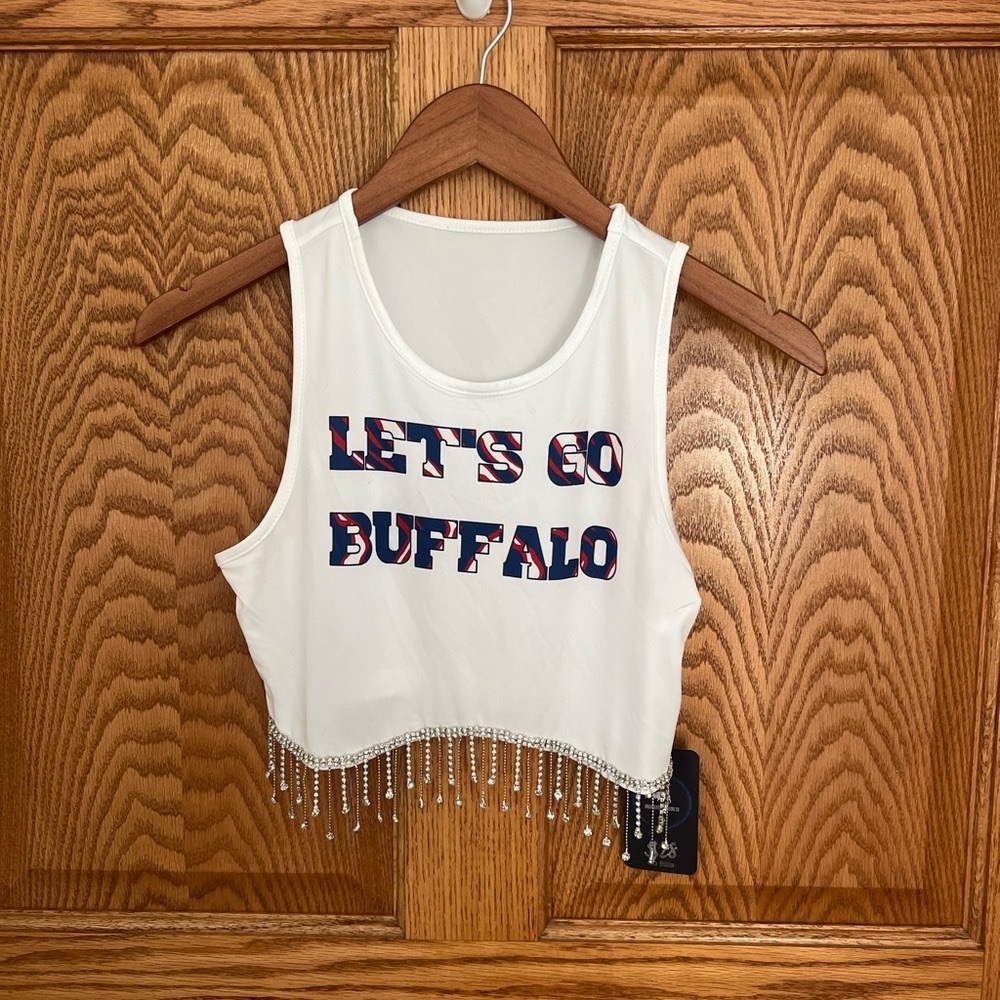 Buffalo Bills White Crop Top with Beaded Fringe